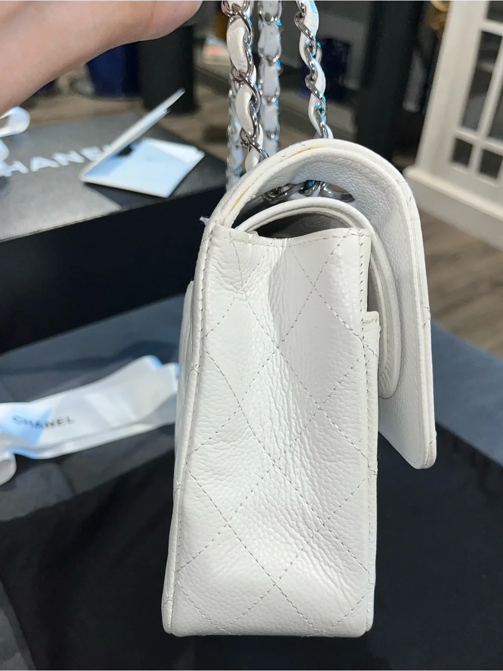 Authentic White CHANEL Caviar Small Classic Double-Flap with Silver Hardware